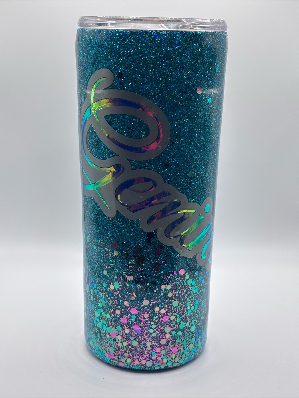 Handmade SS Teal Glitter Gemini Tumbler with Holographic lettering 20oz